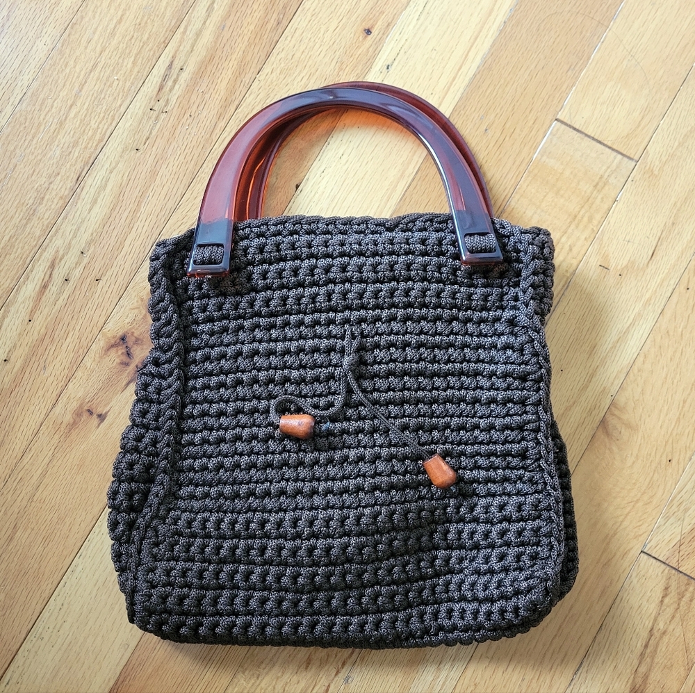 Retro Brown Crochet Bag with Acrylic Handles